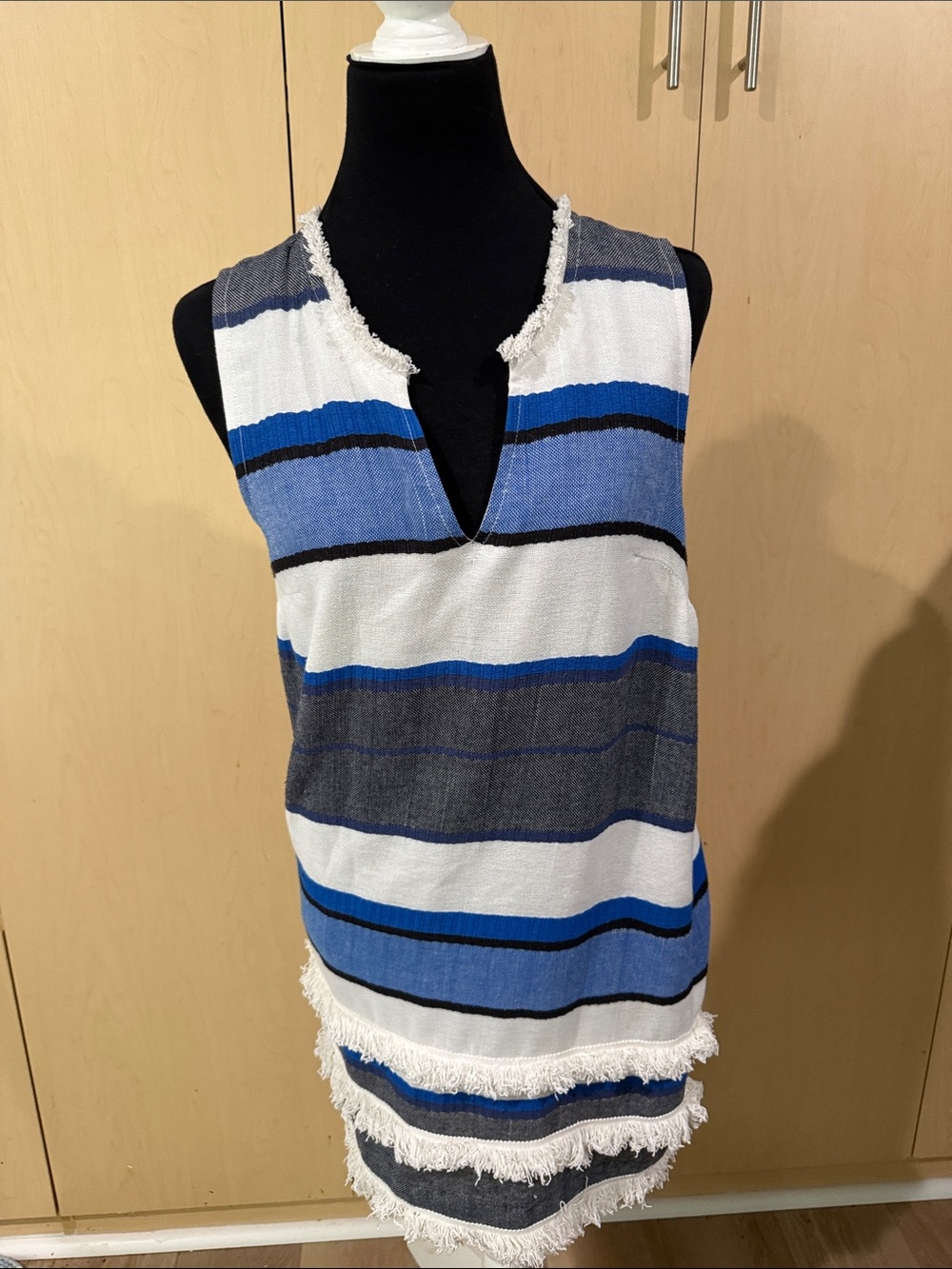 Chelsea & Theodore Blue, White & Gray Striped Fringe Shift Dress